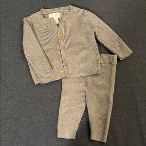 Gray Ribbed Knit Baby Cardigan and Pants Set
